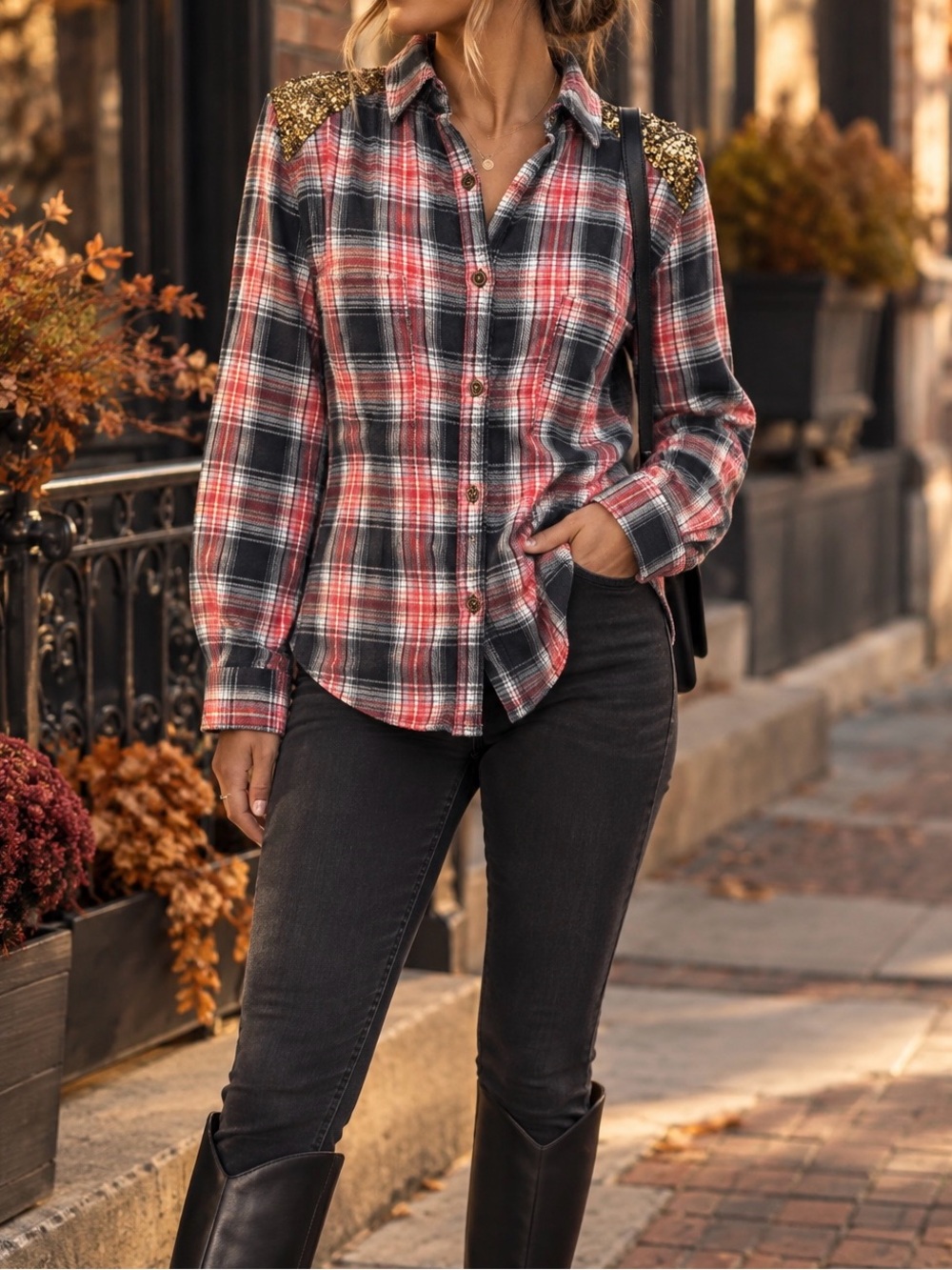 Free People Plaid Button-Down Tunic Shirt Gold Sequin Shoulder Accents S/P